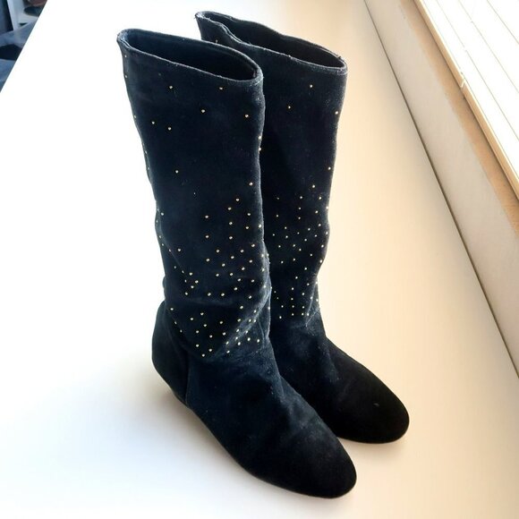 Anthropologie Matiko Black Suede Leather Gold Stud Wedge Heel Tall Boots Size 7 - Picture 3 of 13